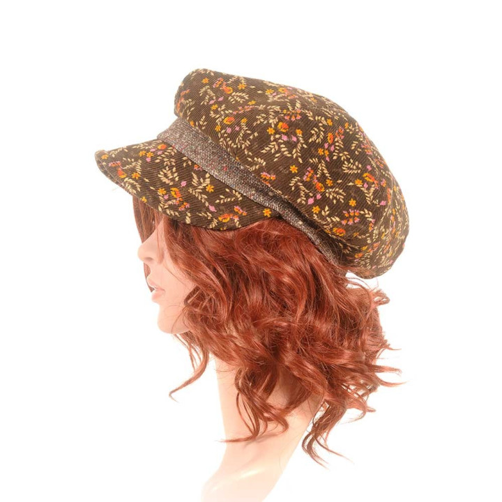 Casquette gavroche velours vintage marron fleuri