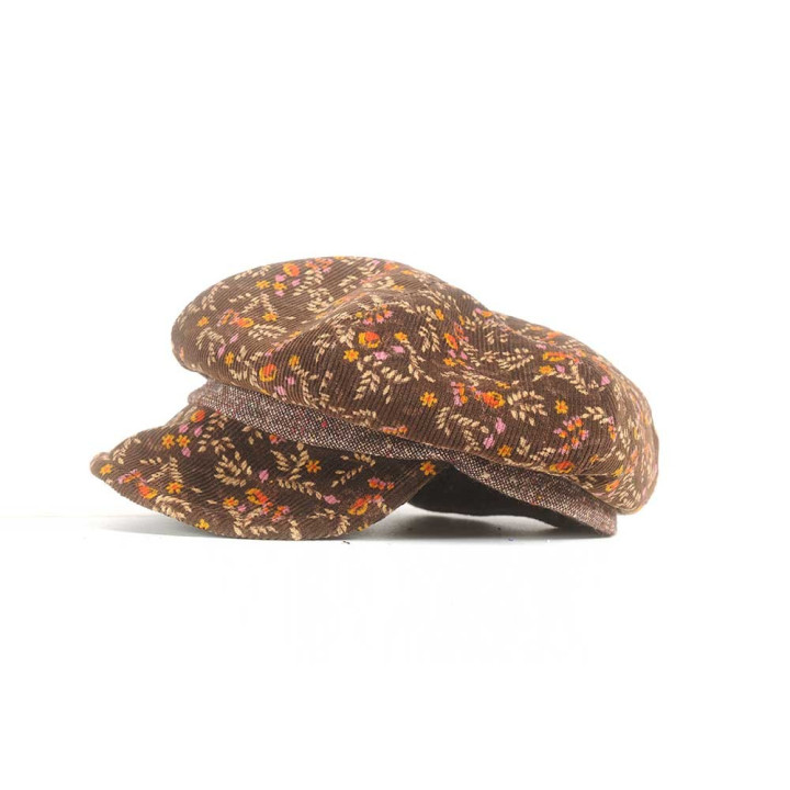 Casquette gavroche velours vintage marron fleuri