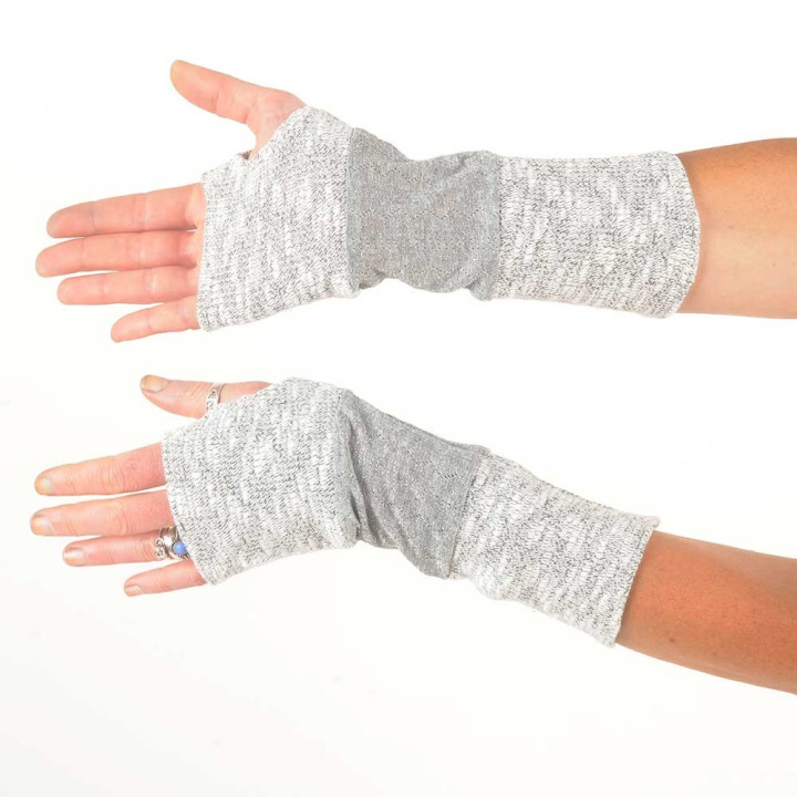 Pale grey knit and silvery grey patchwork armwarmers