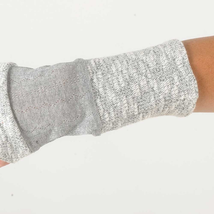Pale grey knit and silvery grey patchwork armwarmers