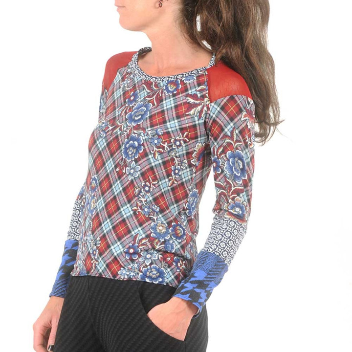 Top femme rouge et bleu, patchwork de jersey et résille