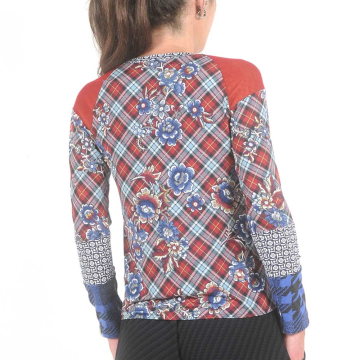 Top femme rouge et bleu, patchwork de jersey et résille