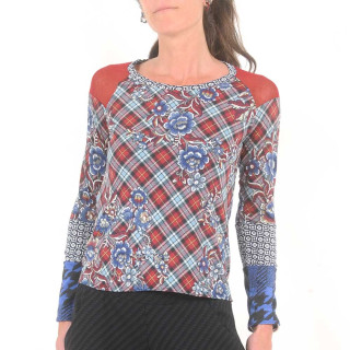 Red and blue womens top, floral jersey patchwork