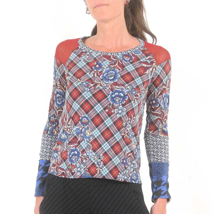 Red and blue womens top, floral jersey patchwork