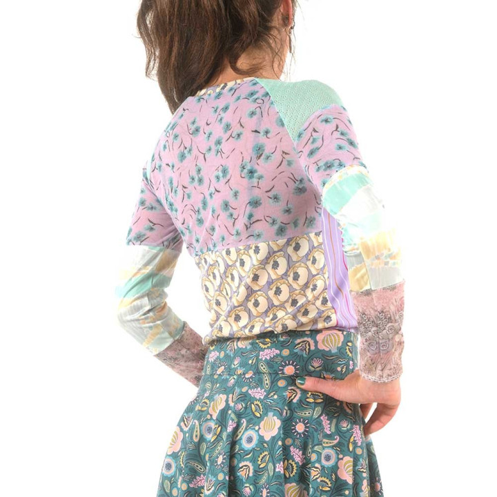 Lilac and green womens top, jersey and mesh patchwork