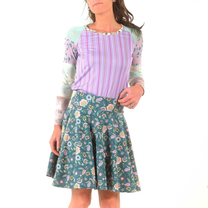 Lilac and green womens top, jersey and mesh patchwork