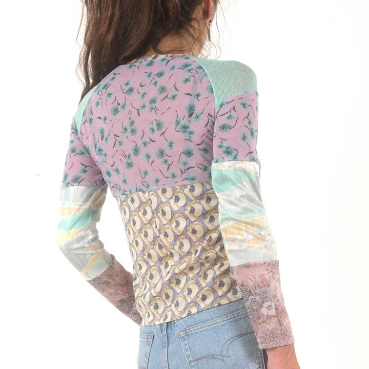 Top femme vert et parme, patchwork de jersey et résille