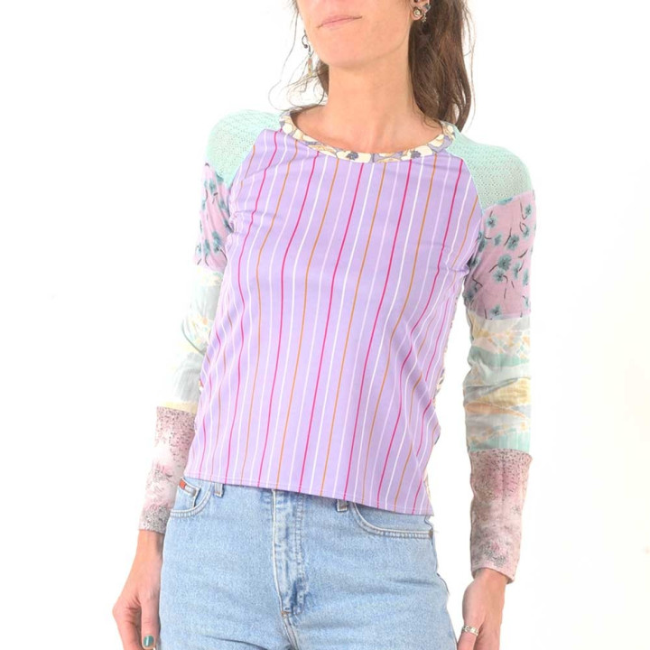 Lilac and green womens top, jersey and mesh patchwork