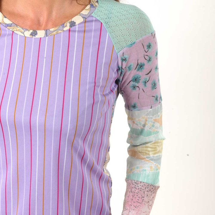 Lilac and green womens top, jersey and mesh patchwork