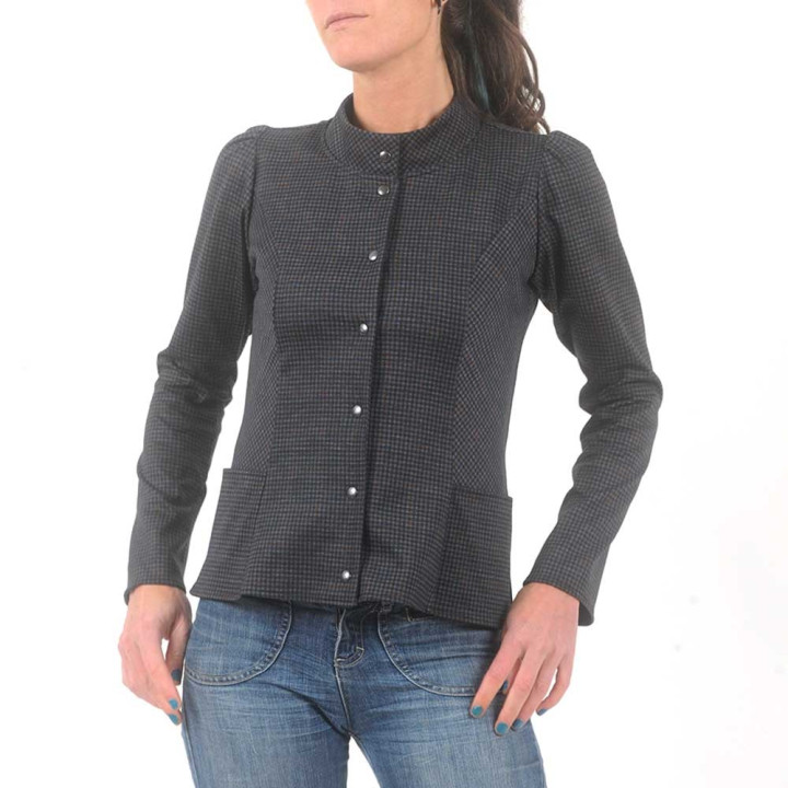 Fitted navy blue checkered jacket with officer collar