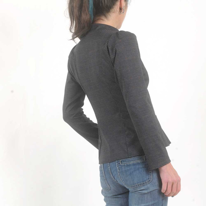 Fitted navy blue checkered jacket with officer collar