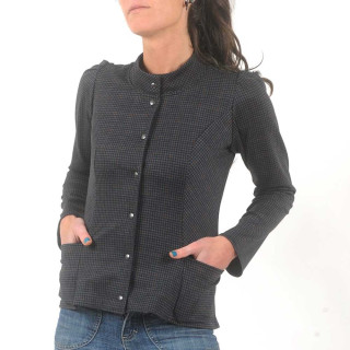 Fitted navy blue checkered jacket with officer collar