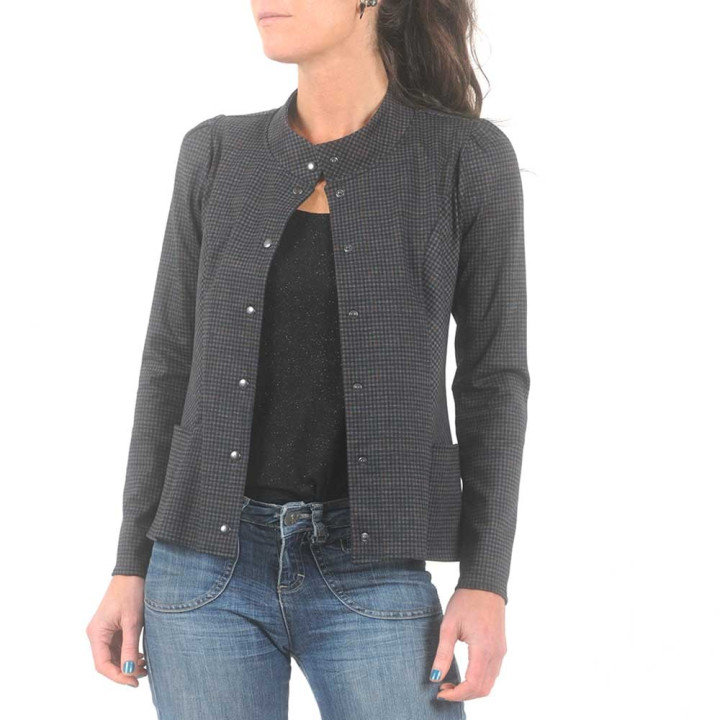 Fitted navy blue checkered jacket with officer collar