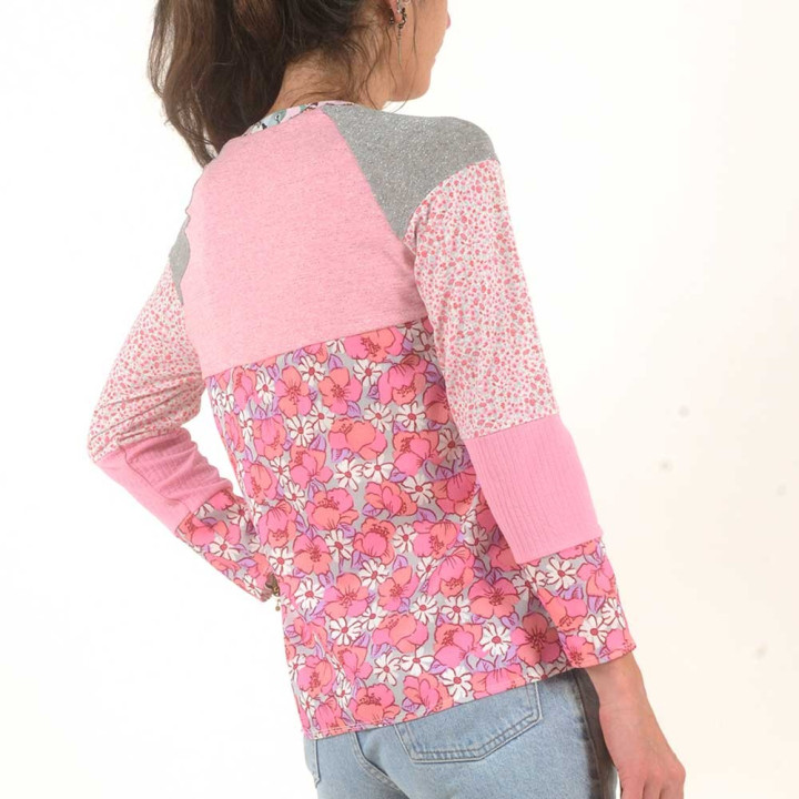 Top femme manches longues, patchwork rose blanc gris