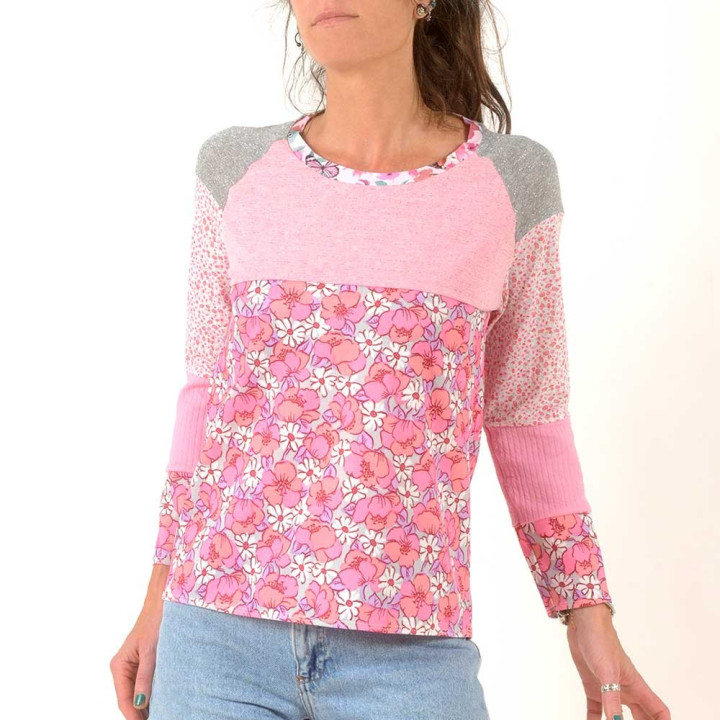 Pink, white and grey patchwork womens top