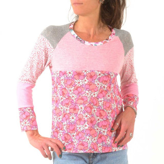 Top femme manches longues, patchwork rose blanc gris