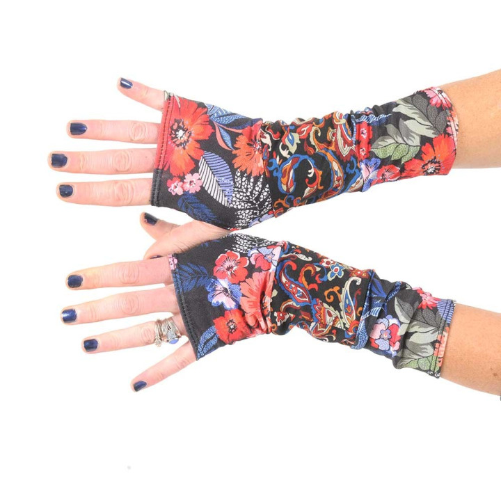 Long floral armwarmers in a patchwork of black and colorful jersey