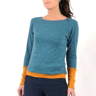 Teal blue and yellow women's sweater, soft knit jersey