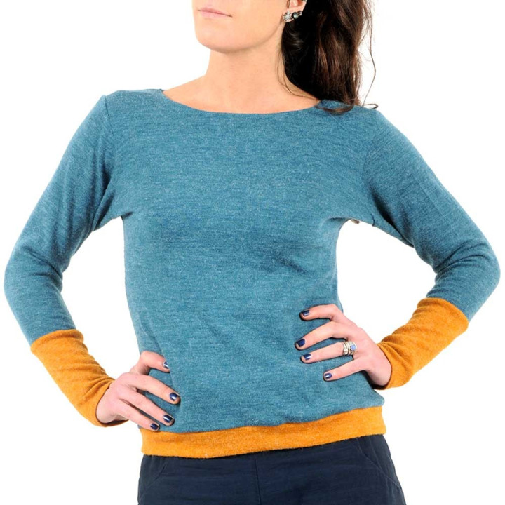 Teal blue and yellow women's sweater, soft knit jersey