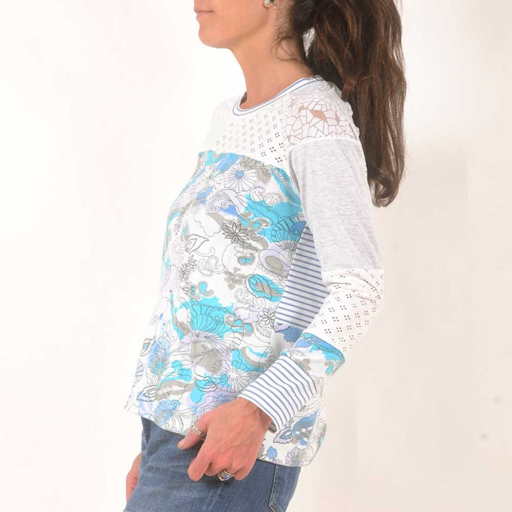 White, blue and grey patchwork womens top