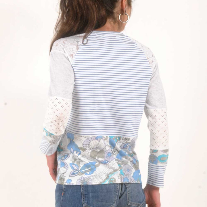 White, blue and grey patchwork womens top