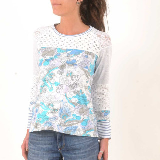 Top femme manches longues, patchwork blanc, bleu, gris