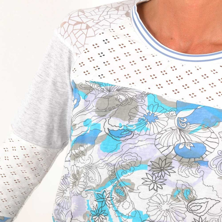 White, blue and grey patchwork womens top