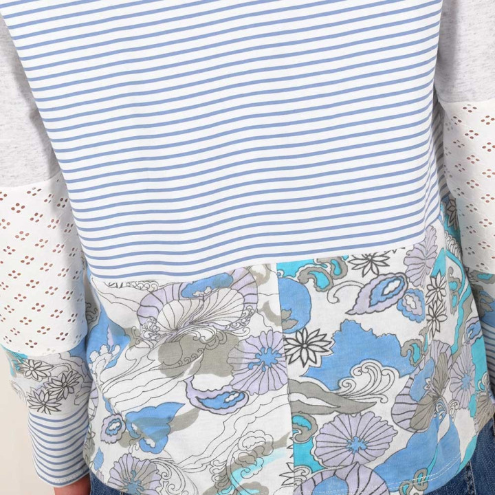 White, blue and grey patchwork womens top