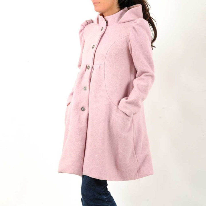 Manteau hiver artisanal long trapèze, laine rose poudré, capuche ronde fait main en france
