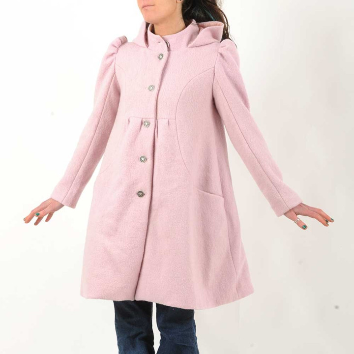 Manteau hiver artisanal long trapèze, laine rose poudré, capuche ronde fait main en france