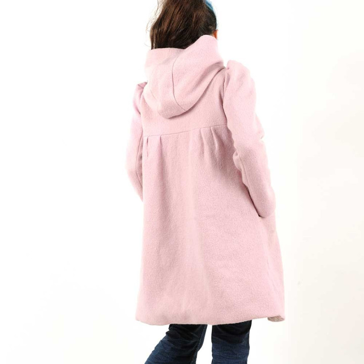 Powder pink wool winter coat with round hood, wool and velvet