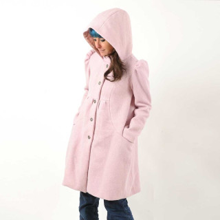 Manteau hiver artisanal long trapèze, laine rose poudré, capuche ronde fait main en france