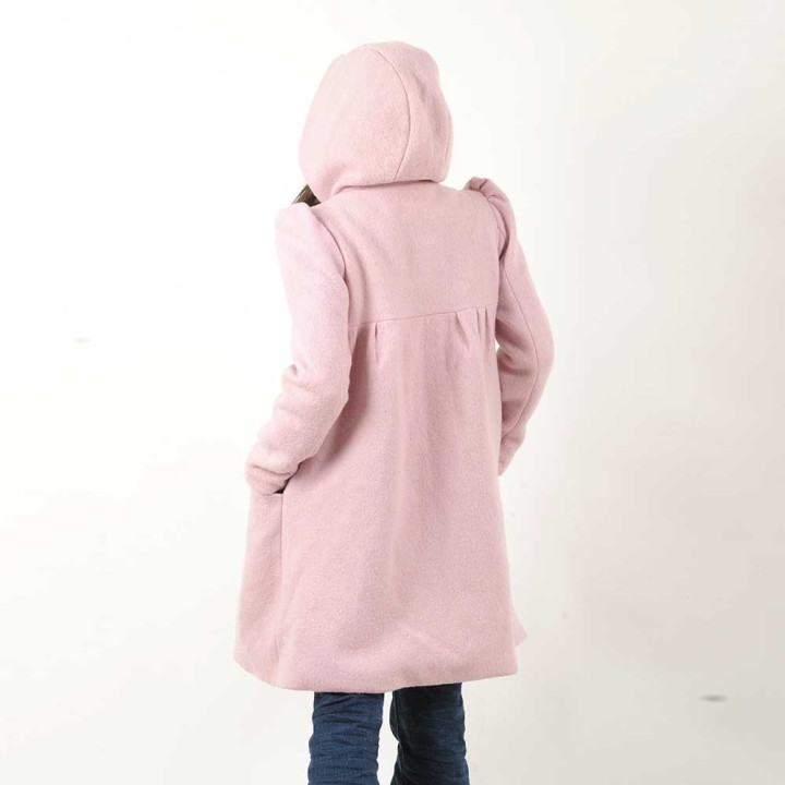 Powder pink wool winter coat with round hood, wool and velvet