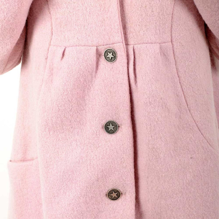 Manteau hiver artisanal long trapèze, laine rose poudré, capuche ronde fait main en france