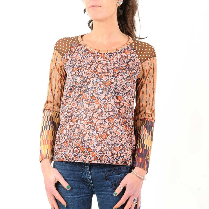 Autumn floral and prints patchwork womens top