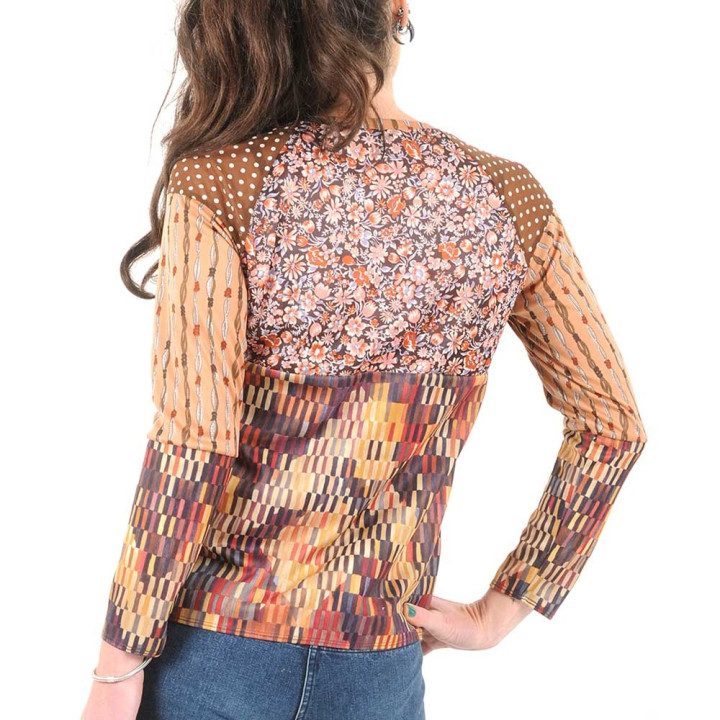Autumn floral and prints patchwork womens top