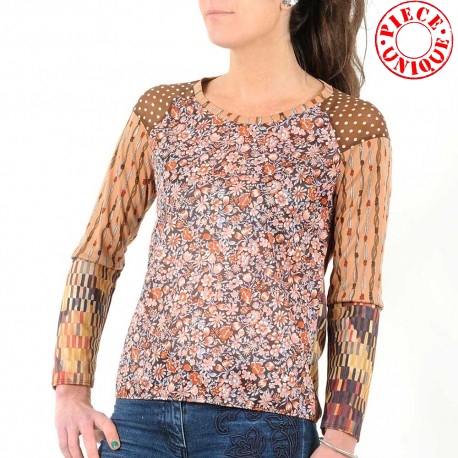 Top femme tons d'automne, patchwork fleurs et motifs