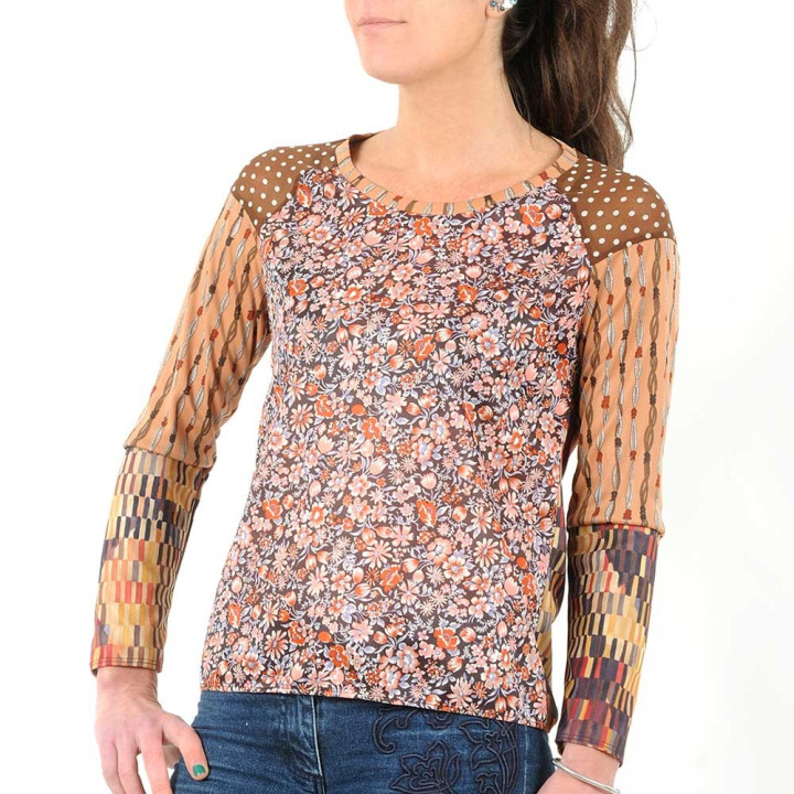 Top femme tons d'automne, patchwork fleurs et motifs