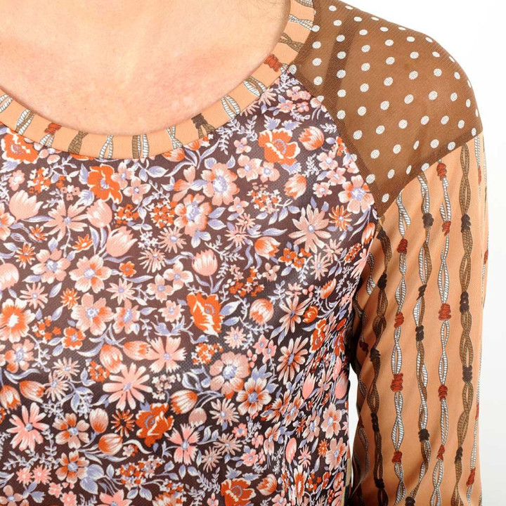 Top femme tons d'automne, patchwork fleurs et motifs