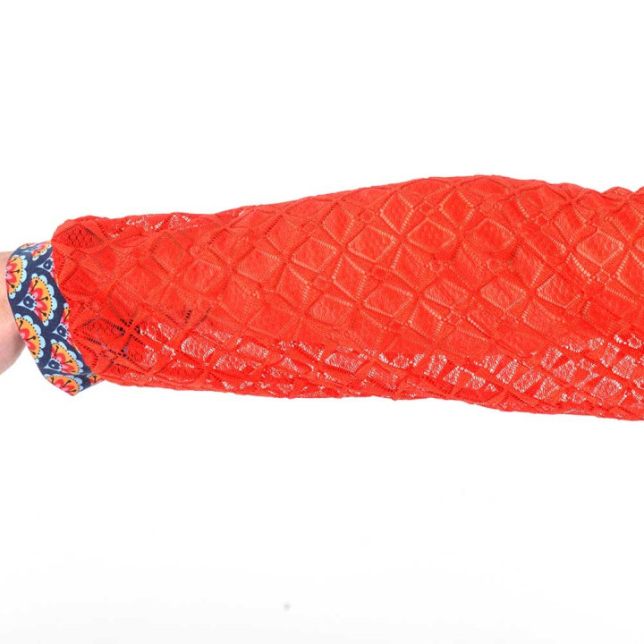 Bright red lace and floral print short sweater with boat cowl