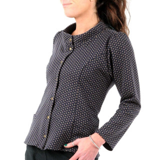 Veste femme ajustée, maille bleu foncé motifs beiges, col officier