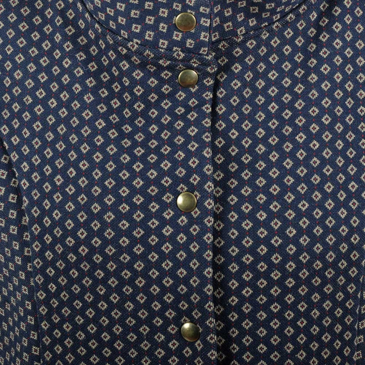 Veste femme ajustée, maille bleu foncé motifs beiges, col officier