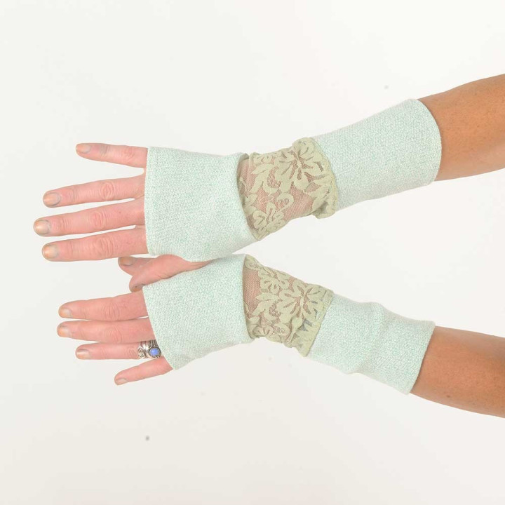 Mint green patchwork armwarmers, lace and jersey knit