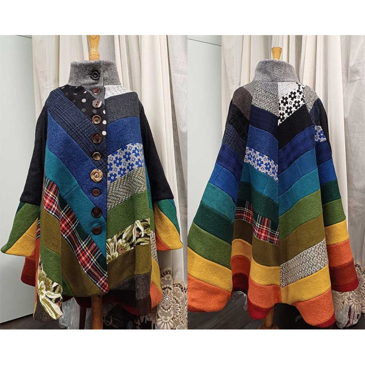 Multicolor high-low hooded Cape with wide sleeves, wool patchwork