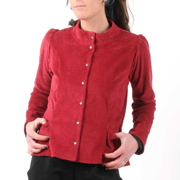 Veste femme ajustée, velours côtelé rouge framboise, col officier