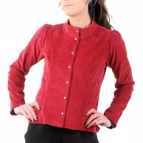 Fitted raspberry red corduroy jacket with officer collar