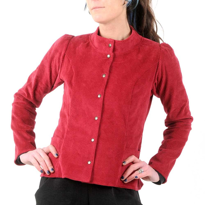 Fitted raspberry red corduroy jacket with officer collar