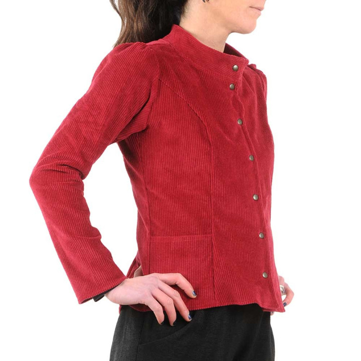 Fitted raspberry red corduroy jacket with officer collar