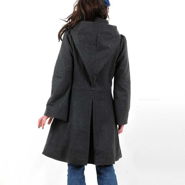 Women's dark grey wool coat with pointy hood