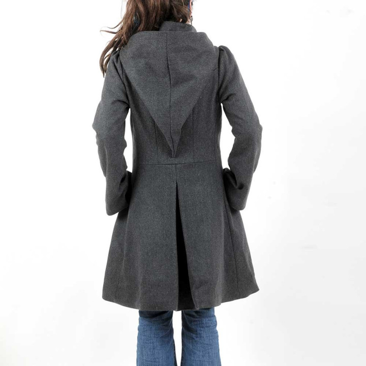 Manteau femme laine gris foncé à capuche pointue